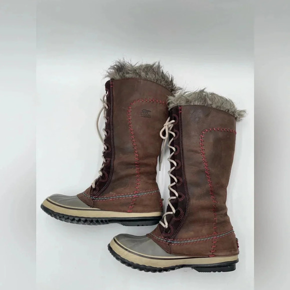 Sorel Cate the Great Tall Women’s Sz 7 Faux Fur Tusk Brown Leather Winter Boots - Picture 9 of 14